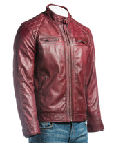Men's Burgundy Diamond Shoulder Biker Style Leather Jacket